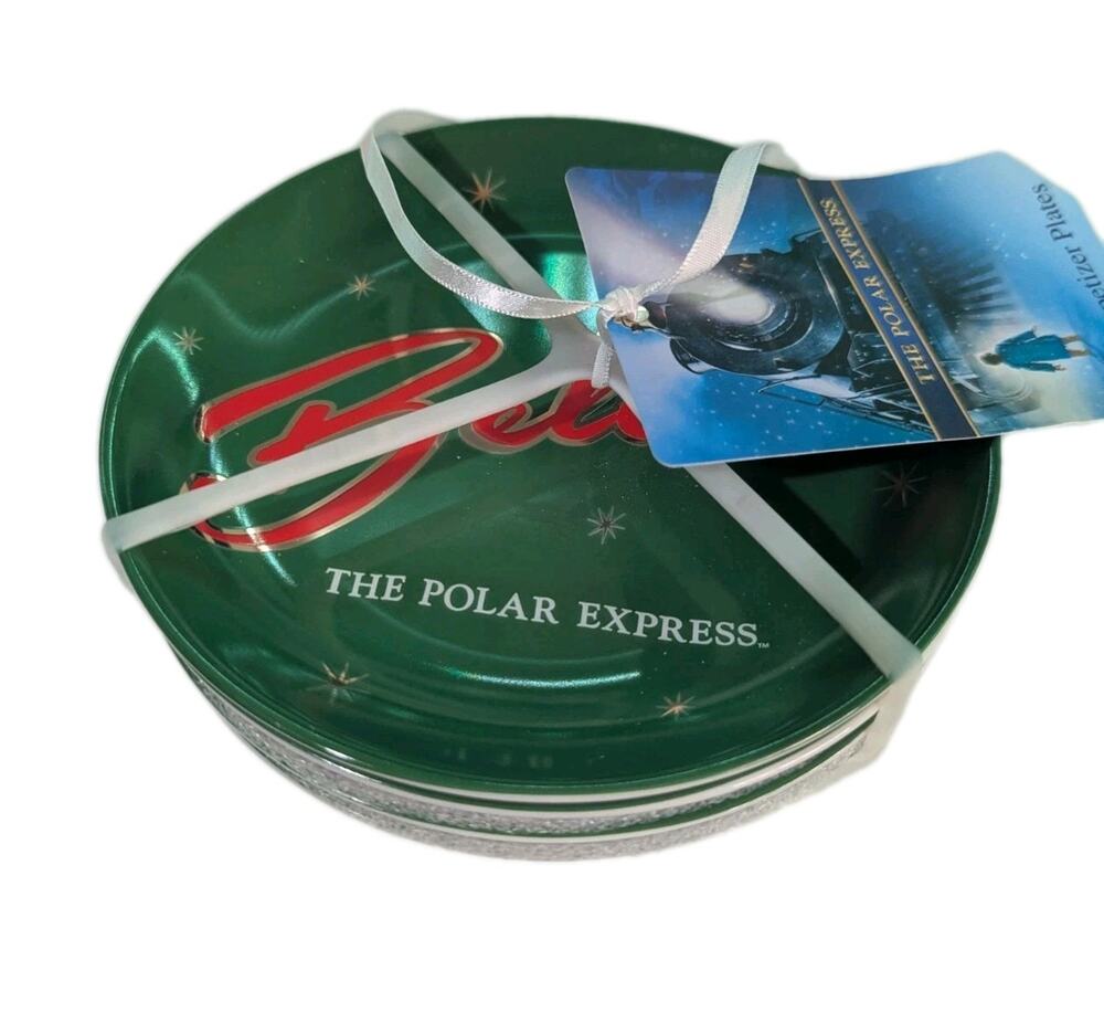 Set Pack 4 The Polar Express Believe Christmas Appetizer Plates New Green Red